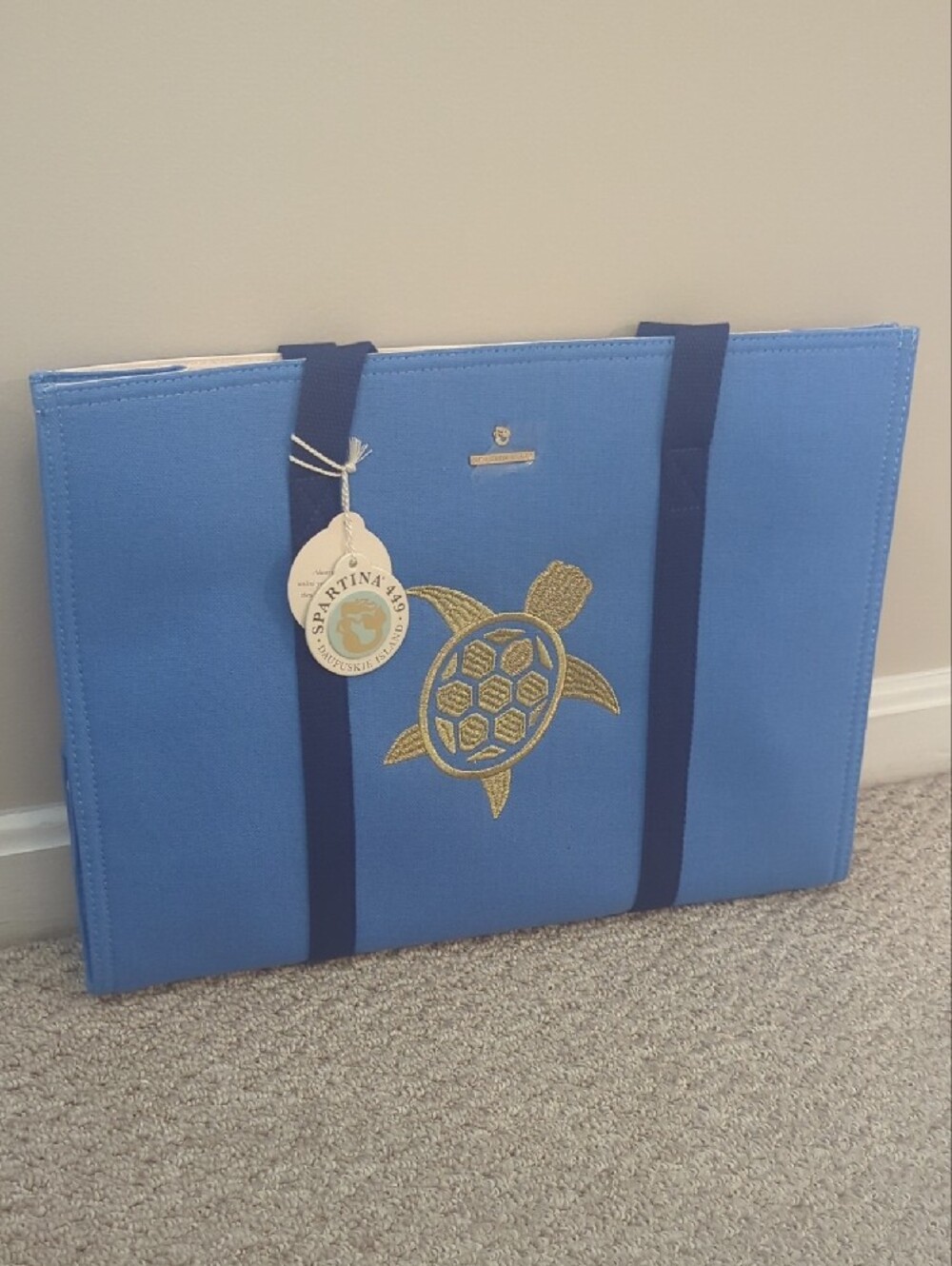 Spartina Blue Carryall Tote with Gold Turtle Accent NWT